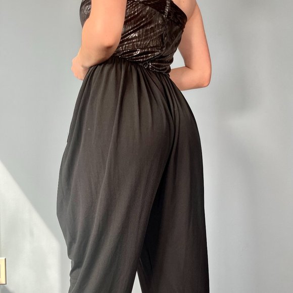 Vintage 80s Jumpsuit, 1980s Black Metallic Halter Parachute Pant One Piece - Picture 7 of 9